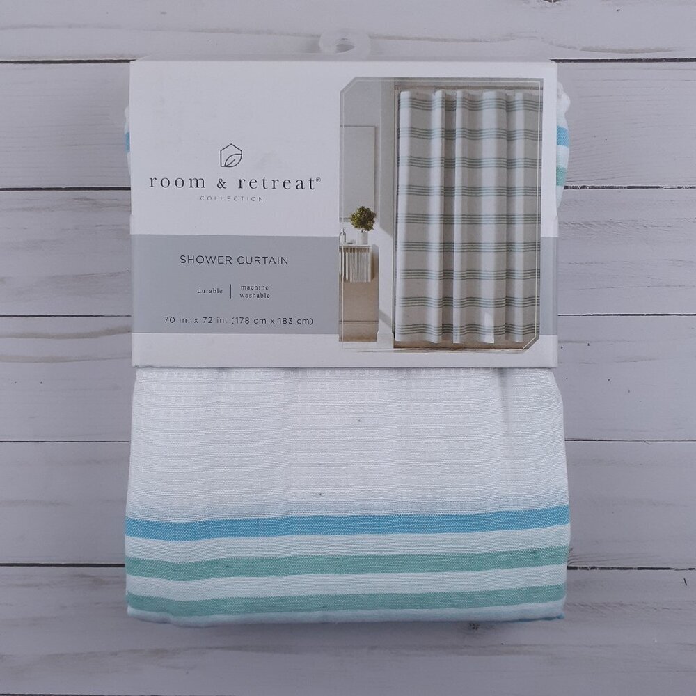 Room & Retreat Fabric Shower Curtain Blue Aqua Race Stripe